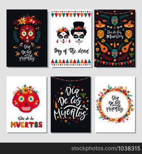 Dia de Los Muertos, Mexican Day of the Dead. Set of greeting cards with hand drawn lettering, flowers, skulls on dark blue and white background. Vector illustrations. Dia de Los Muertos, Mexican Day of the Dead. Set of greeting cards