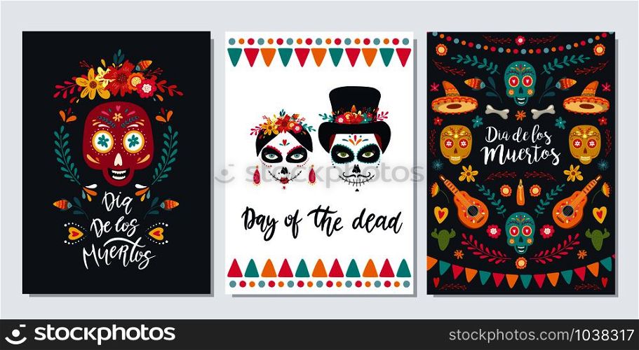 Dia de Los Muertos, Mexican Day of the Dead. Set of greeting cards with hand drawn lettering, flowers, skulls on dark blue and white background. Vector illustrations. Dia de Los Muertos, Mexican Day of the Dead. Set of greeting cards