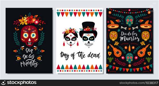 Dia de Los Muertos, Mexican Day of the Dead. Set of greeting cards with hand drawn lettering, flowers, skulls on dark blue and white background. Vector illustrations. Dia de Los Muertos, Mexican Day of the Dead. Set of greeting cards