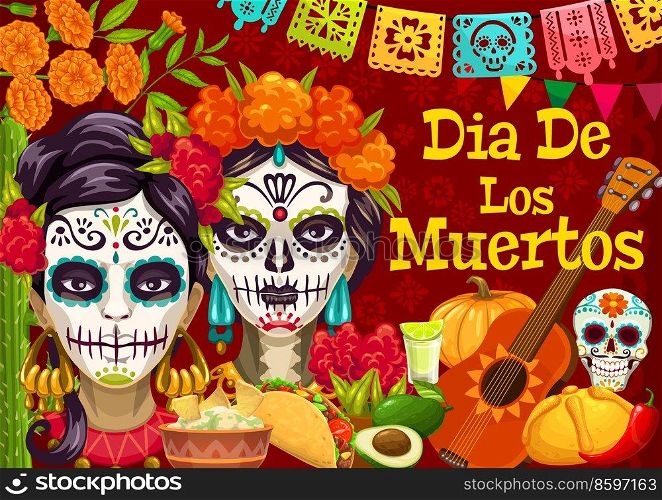 Dia de los Muertos mexican holiday poster. Vector day of dead festive design with Catrina character, sugar skull, marigold flowers, papel picado flags. Traditional food, tequila, guitar or pumpkin. Dia de los Muertos mexican holiday poster design