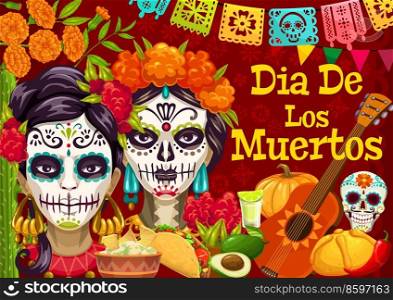 Dia de los Muertos mexican holiday poster. Vector day of dead festive design with Catrina character, sugar skull, marigold flowers, papel picado flags. Traditional food, tequila, guitar or pumpkin. Dia de los Muertos mexican holiday poster design