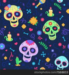 Dia de los muertos pattern. Dead day holiday symbols, skulls and flowers, candle and maracas. Mexican party colored seamless vector texture. Mexican pattern with colored skull halloween. Dia de los muertos pattern. Dead day holiday symbols, skulls and flowers, candle and maracas. Mexican party colored seamless vector texture