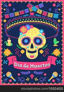 Dia de los muertos poster. Dead day holiday, skull with flowers, ribbons and text, traditional mexican latin festival, vector background. Colorful flags, candle and cactus, holiday celebration. Dia de los muertos poster. Dead day holiday, skull with flowers, ribbons and text, traditional mexican latin festival, vector background