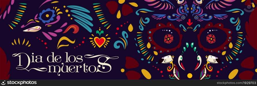 Dia de los Muertos poster with fancy pattern of skull with flowers, hearts and birds on black background. Vector banner of Day of Dead in Mexico with cartoon illustration of traditional mexican print. Dia de los Muertos poster, Day of Dead in Mexico