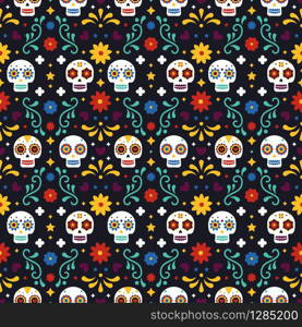 Dia De Los Muertos seamless pattern with skulls and flowers on black background. Traditional mexican Halloween design for Day of the dead holiday party. Ornament from Mexico. Dia De Los Muertos seamless pattern with skulls and flowers on black background. Traditional mexican Halloween design for Day of the dead holiday party. Ornament from Mexico.