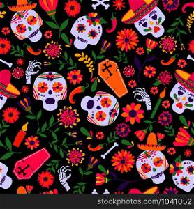 Dia de los muertos seamless vector pattern. The main symbols of the holiday on the dark background.. Dia de los muertos seamless vector pattern. The main symbols of the holiday on the dark background. Day of the dead.