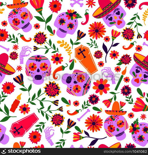 Dia de los muertos seamless vector pattern. The main symbols of the holiday on the dark background.. Dia de los muertos seamless vector pattern. The main symbols of the holiday on the dark background. Day of the dead.