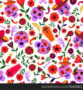 Dia de los muertos seamless vector pattern. The main symbols of the holiday on the dark background.. Dia de los muertos seamless vector pattern. The main symbols of the holiday on the dark background. Day of the dead.