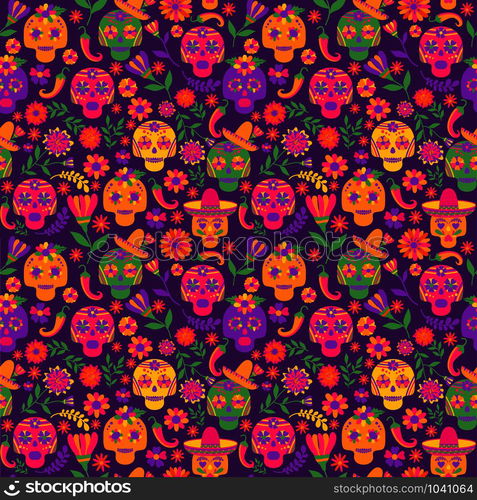 Dia de los muertos seamless vector pattern. The main symbols of the holiday on the dark background.. Dia de los muertos seamless vector pattern. The main symbols of the holiday on the dark background. Day of the dead.