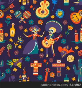 Dia de los muertos, traditional symbols of mexican holiday. Celebration of day of the dead, seamless pattern with flowers and crosses, skeletons and acoustic guitars. Maracas and tequila, vector. Day of the dead, Mexican holidays celebration seamless pattern