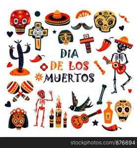 Dia de los Muertos vector greeting card for Mexican traditional holiday. Vector design of Mecixan ornament on skull, cactus or banjo guitar with maracas and tequila with jalapeno pepper. Dia de los Muertos vector greeting card for Mexican traditional