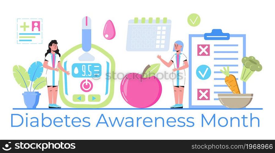 Diabetes Awareness Month on November in USA. American national health care event. Type 2 diabetes and insulin production concept vector with glucose meter.. Diabetes Awareness Month on November in USA. American national health care event. Type 2 diabetes and insulin production concept