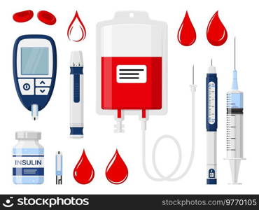 Diabetes, blood donation and insulin injection, vector medical icons. Diabetic test for glucose or sugar level, diabetes syringe and glucometer with blood plasma container bag for transfusion. Diabetes, blood donation and insulin injection