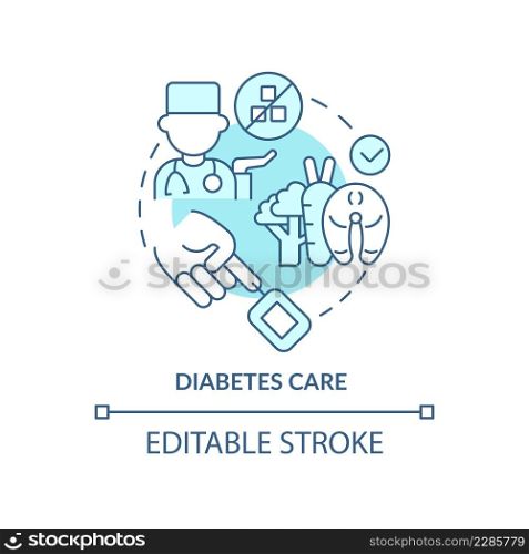 Diabetes care turquoise concept icon. Chronic disease treatment. Medical center abstract idea thin line illustration. Isolated outline drawing. Editable stroke. Arial, Myriad Pro-Bold fonts used. Diabetes care turquoise concept icon