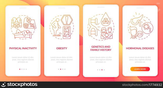 Diabetes causes onboarding mobile app page screen. Genetics and family history walkthrough 4 steps graphic instructions with concepts. UI, UX, GUI vector template with linear color illustrations. Diabetes causes onboarding mobile app page screen