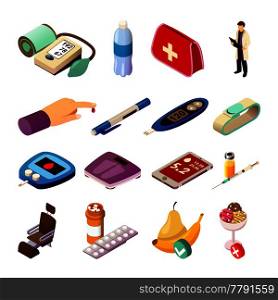 Diabetes control set of isometric icons with doctor, medical measuring devices, drugs, diet food isolated vector illustration. Diabetes Control Isometric Icons