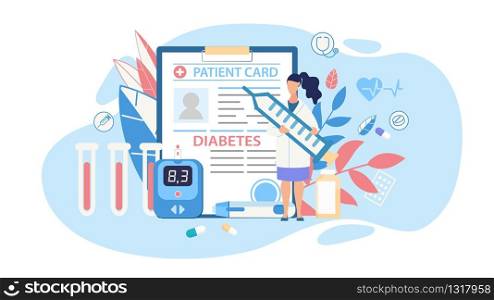 Diabetes Diagnosis and Control Therapy Medical Cutout Cartoon. Doctor Holding Huge Syringe with Insulin Standing over Patient Card and Blood Glucose Meter. Vector Trendy Flat Illustration. Diabetes Control Therapy Medical Cutout Cartoon