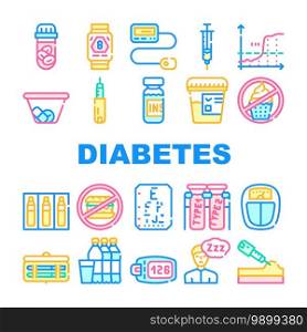 Diabetes Ill Treatment Collection Icons Set Vector. Insulin Medicament Injection And Symptom Of Vision Loss, Glucose And Blood Sugar Control Concept Linear Pictograms. Contour Color Illustrations. Diabetes Ill Treatment Collection Icons Set Vector