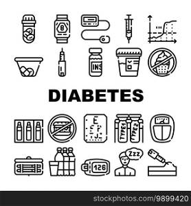 Diabetes Ill Treatment Collection Icons Set Vector. Insulin Medicament Injection And Symptom Of Vision Loss, Glucose And Blood Sugar Control Black Contour Illustrations. Diabetes Ill Treatment Collection Icons Set Vector