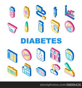 Diabetes Ill Treatment Collection Icons Set Vector. Insulin Medicament Injection And Symptom Of Vision Loss, Glucose And Blood Sugar Control Sign Color Illustrations. Diabetes Ill Treatment Collection Icons Set Vector