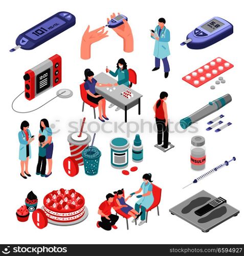 Diabetes isometric set with sugar level test medication forbidden food insulin injection weight control isolated vector illustration . Diabetes Treatment Isometric Set