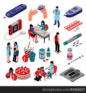 Diabetes isometric set with sugar level test medication forbidden food insulin injection weight control isolated vector illustration . Diabetes Treatment Isometric Set