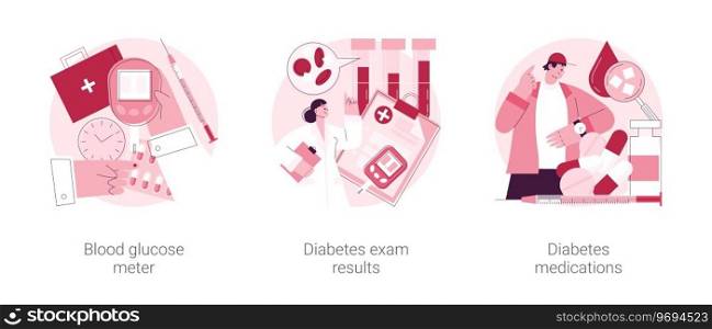 Diabetes mellitus abstract concept vector illustration set. Blood glucose meter, diabetes exam results and medications, sugar level control, chronic disease, insulin injection abstract metaphor.. Diabetes mellitus abstract concept vector illustrations.