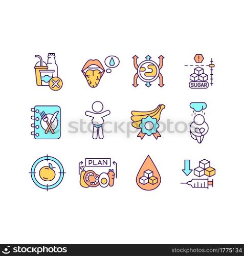 Diabetes RGB color icons set. Isolated vector illustrations. Disease symptomps. Medical help for ill people. Creating healthy diet for patient simple filled line drawings collection. Diabetes RGB color icons set