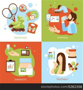 Diabetes Symptoms Concept 4 Flat Icons. Diabetes medical symptoms diagnostic treatment and prevention concept 4 flat icons square poster abstract isolated vector illustration