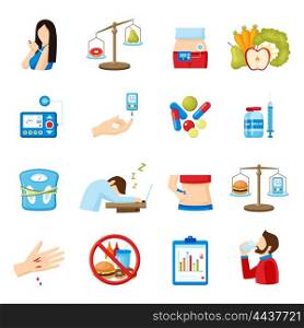 Diabetes Symptoms Signs Flat Icons Collection . Diabetes signs and symptoms flat icons collection with healthy lifestyle and insulin injection abstract isolated vector illustration