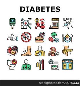Diabetes Treatment Collection Icons Set Vector. Blood Sugar Measurement And Control, Insulin Syringe And Pills, Eat Healthy Food And Drink Water Concept Linear Pictograms. Contour Color Illustrations. Diabetes Treatment Collection Icons Set Vector