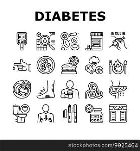 Diabetes Treatment Collection Icons Set Vector. Blood Sugar Measurement And Control, Insulin Syringe And Pills, Eat Healthy Food And Drink Water Black Contour Illustrations. Diabetes Treatment Collection Icons Set Vector