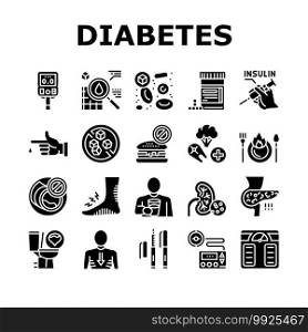 Diabetes Treatment Collection Icons Set Vector. Blood Sugar Measurement And Control, Insulin Syringe And Pills, Eat Healthy Food And Drink Water Glyph Pictograms Black Illustrations. Diabetes Treatment Collection Icons Set Vector