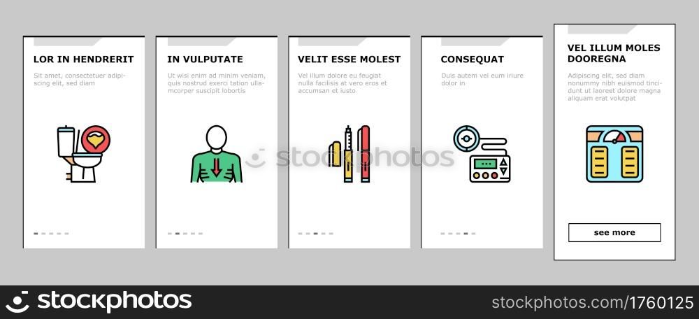 Diabetes Treatment Onboarding Mobile App Page Screen Vector. Blood Sugar Measurement And Control, Insulin Syringe And Pills, Eat Healthy Food And Drink Water Illustrations. Diabetes Treatment Onboarding Icons Set Vector