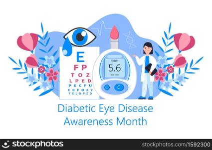 Diabetic Eye Disease Awareness Month concept vector for medical blog, website. Event is celebrated in November. Doctor and glucose meter are shown.. Diabetic Eye Disease Awareness Month concept vector for medical blog, website. Event is celebrated in November. Doctor and glucose meter