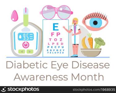 Diabetic Eye Disease Awareness Month concept vector for medical blog, website. Event is celebrated in November. Doctor and glucose meter are shown.. Diabetic Eye Disease Awareness Month concept vector for medical blog, website. Event is celebrated in November.