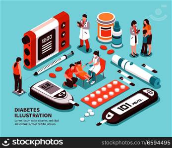 Diabetic patient life isometric composition with diagnosis sugar level tests weight control diet insulin injection vector illustration . Diabetes Isometric Composition