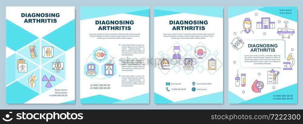 Diagnosing arthritis brochure template. Symptoms and treatment. Flyer, booklet, leaflet print, cover design with linear icons. Vector layouts for presentation, annual reports, advertisement pages. Diagnosing arthritis brochure template