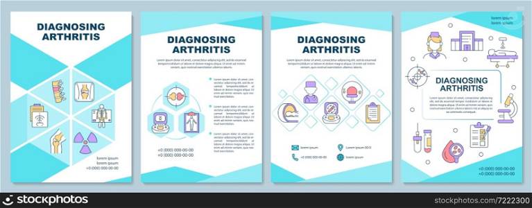 Diagnosing arthritis brochure template. Symptoms and treatment. Flyer, booklet, leaflet print, cover design with linear icons. Vector layouts for presentation, annual reports, advertisement pages. Diagnosing arthritis brochure template