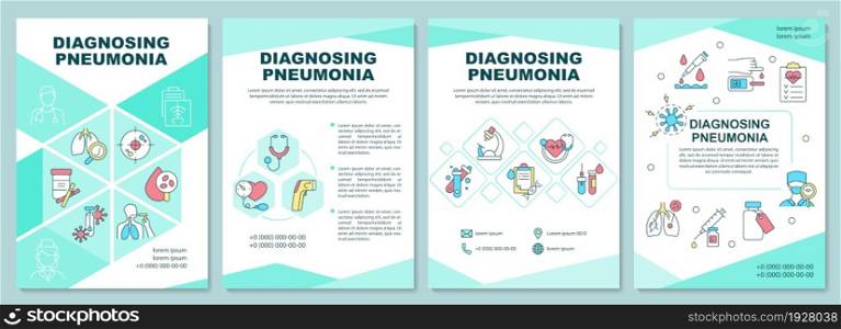 Diagnosing pneumonia brochure template. Diagnostic procedures. Flyer, booklet, leaflet print, cover design with linear icons. Vector layouts for presentation, annual reports, advertisement pages. Diagnosing pneumonia brochure template