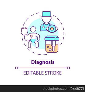 Diagnosis concept icon. Disease symptom. Laboratory test. Childhood illness. Health care. Medical consultation abstract idea thin line illustration. Isolated outline drawing. Editable stroke. Diagnosis concept icon