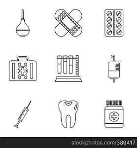 Diagnosis icons set. Outline illustration of 9 diagnosis vector icons for web. Diagnosis icons set, outline style