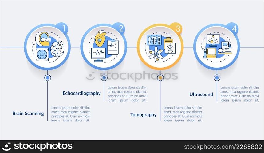 Diagnostic imaging circle infographic template. Medical research. Data visualization with 4 steps. Process timeline info chart. Workflow layout with line icons. Lato-Bold, Regular fonts used. Diagnostic imaging circle infographic template