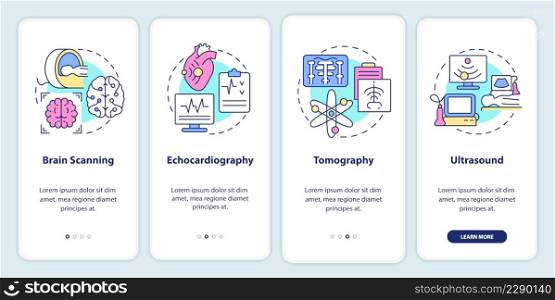 Diagnostic imaging onboarding mobile app screen. Medical research walkthrough 4 steps graphic instructions pages with linear concepts. UI, UX, GUI template. Myriad Pro-Bold, Regular fonts used. Diagnostic imaging onboarding mobile app screen