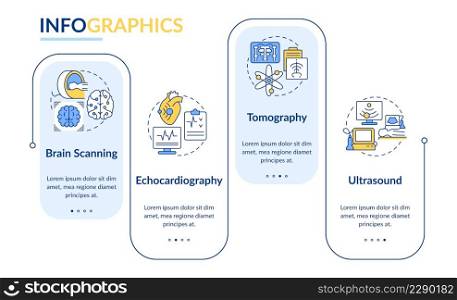 Diagnostic imaging rectangle infographic template. Medical research. Data visualization with 4 steps. Process timeline info chart. Workflow layout with line icons. Lato-Bold, Regular fonts used. Diagnostic imaging rectangle infographic template