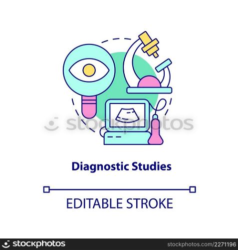 Diagnostic studies concept icon. Equipment for research. Hospice provided service abstract idea thin line illustration. Isolated outline drawing. Editable stroke. Arial, Myriad Pro-Bold fonts used. Diagnostic studies concept icon
