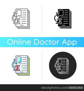 Diagnostic test icon. Examining, assessing and diagnosing illnesses, conditions in patients. Laboratory diagnostic services. Linear black and RGB color styles. Isolated vector illustrations. Diagnostic test icon