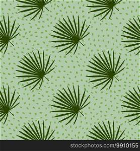 Diagonal ornament tropic seamless pattern with hand drawn fan palm shapes. Light green background with dots. Decorative backdrop for fabric design, textile print, wrapping, cover. Vector illustration. Diagonal ornament tropic seamless pattern with hand drawn fan palm shapes. Light green background with dots.