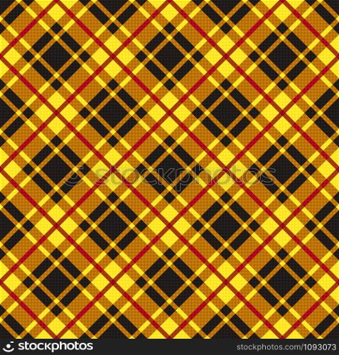 Diagonal position of rectangular seamless vector pattern as a tartan plaid in dark brown, khaki, yellow and red colors
