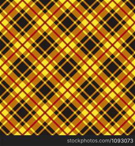 Diagonal position of rectangular seamless vector pattern as a tartan plaid in dark brown, khaki, yellow and red colors